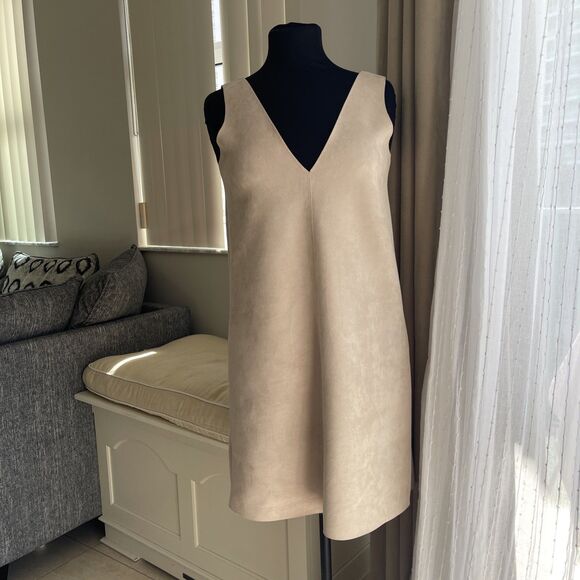 ZARA Basic S Beige Tan Faux Suede V-Neck Mini Jumper Shift Dress - Picture 1 of 7